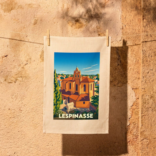 Torchon souvenir de la ville de Lespinasse avec une illustration stylisée de son église.