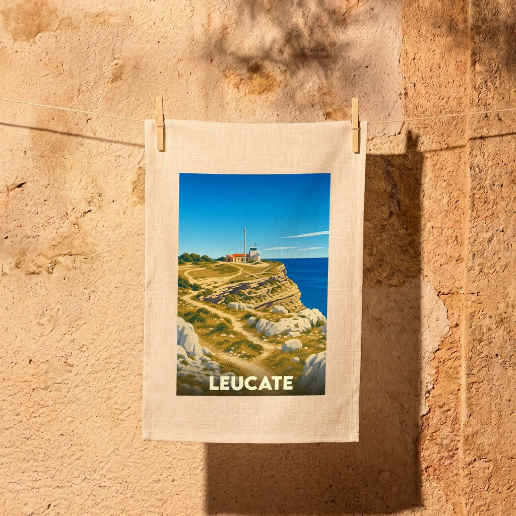 Torchon souvenir de la ville de Leucate avec une illustration stylisée d'un phare surplombant une falaise.