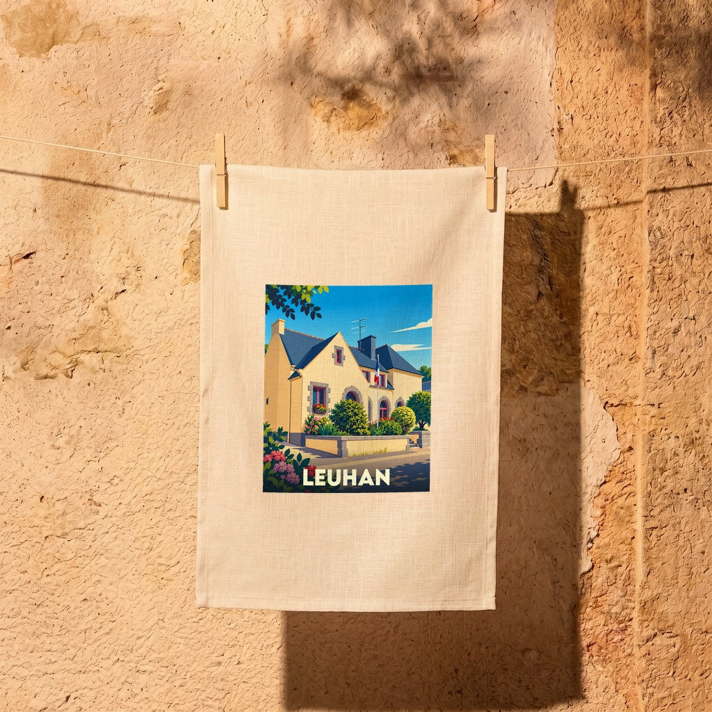 Torchon souvenir de la ville de Leuhan avec une illustration stylisée d'une maison traditionnelle bretonne.
