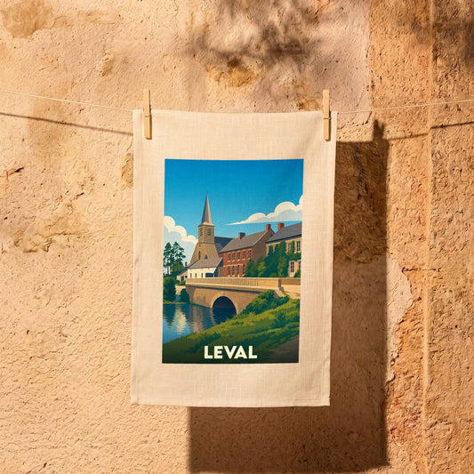 Torchon souvenir de la ville de Leval orné d'une illustration stylisée représentant son église et son pont.