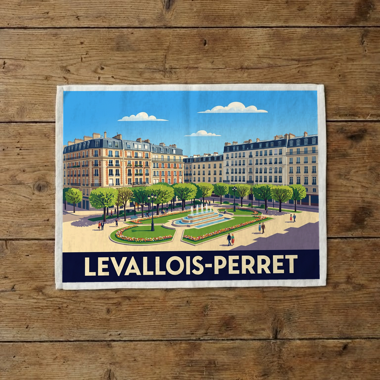 Torchon souvenir de la ville de Levallois-Perret avec une illustration stylisée.