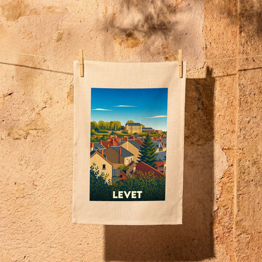 Torchon souvenir de la ville de Levet avec une illustration stylisée.