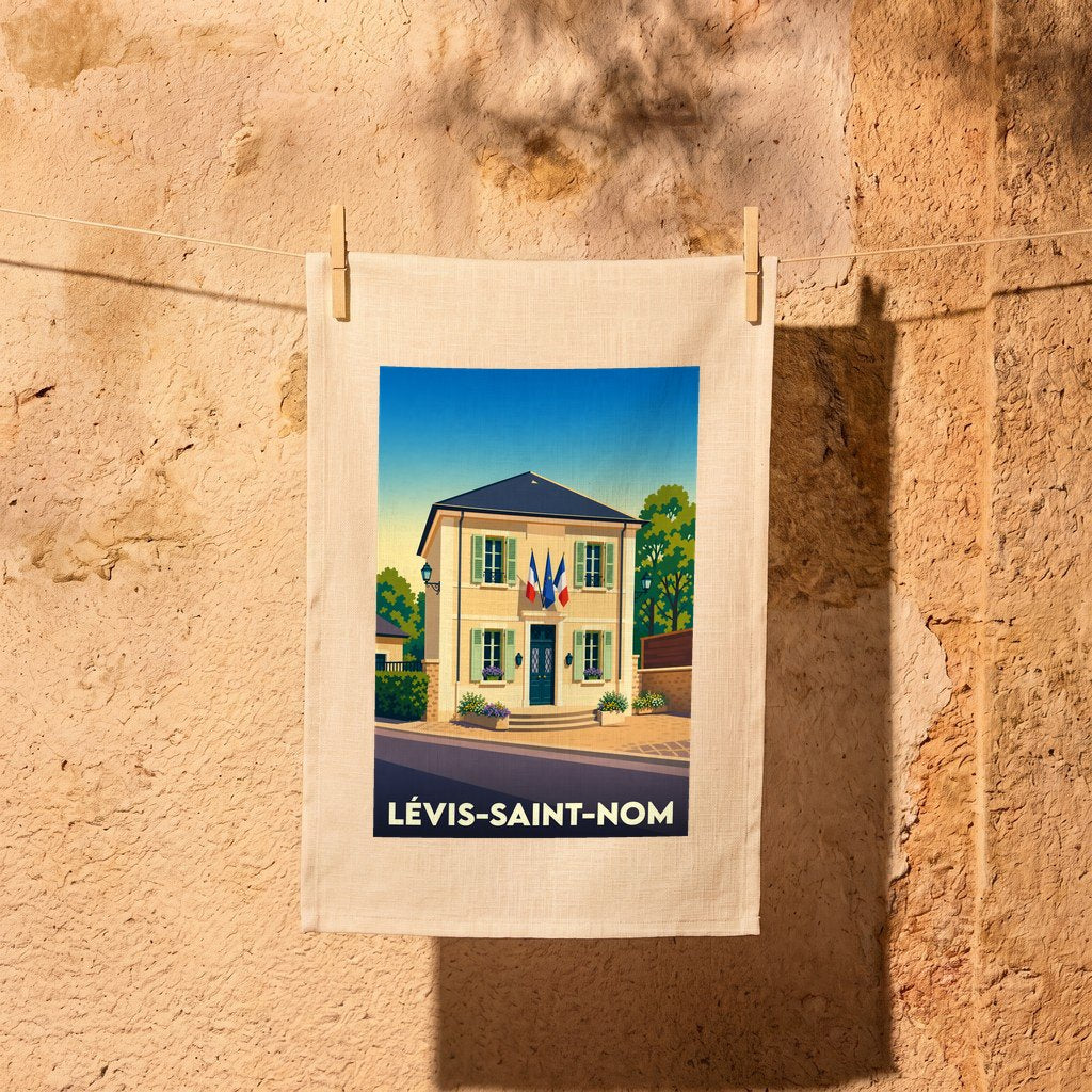 Torchon souvenir de la ville de Lévis-Saint-Nom illustré d'un dessin stylisé de sa mairie.