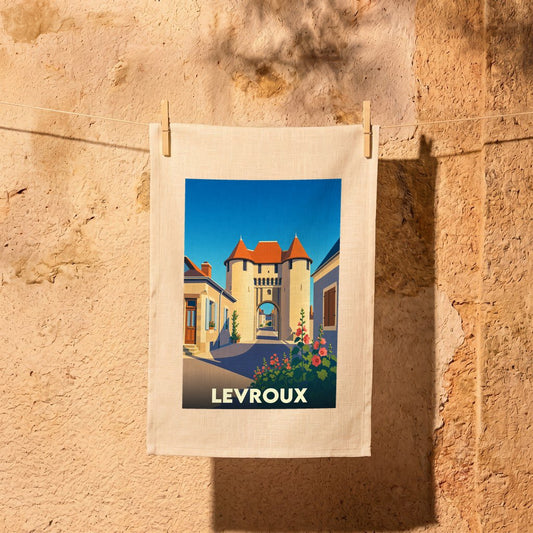 Torchon souvenir de la ville de Levroux avec une illustration stylisée de sa porte monumentale.
