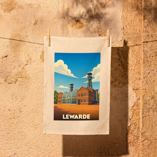 Torchon souvenir de la ville de Lewarde illustré par une scène de carreau de mine stylisée.