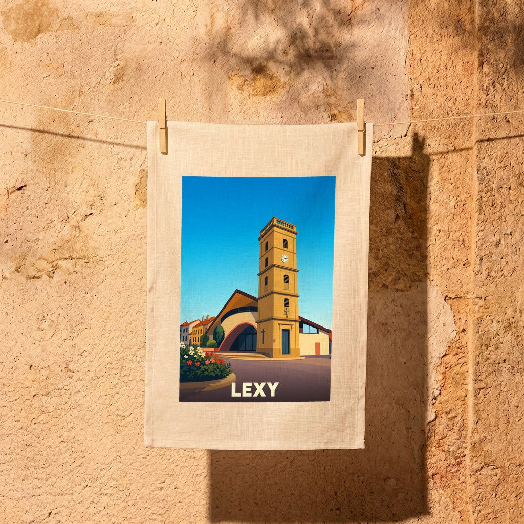 Torchon souvenir de la ville de Lexy illustrant son église avec un style graphique moderne.