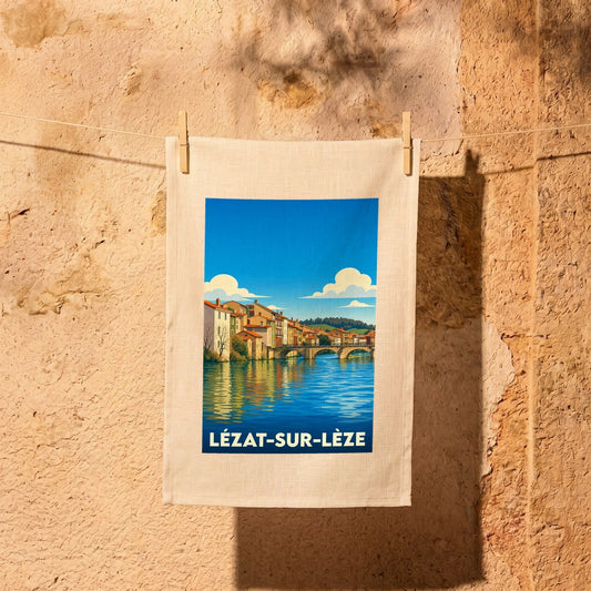 Torchon souvenir de la ville de Lézat-sur-Lèze avec une illustration stylisée d'un pont enjambant une rivière.