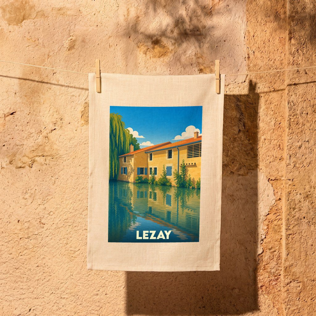 Torchon souvenir de la ville de Lezay avec une illustration stylisée d'un bâtiment au bord de l'eau.