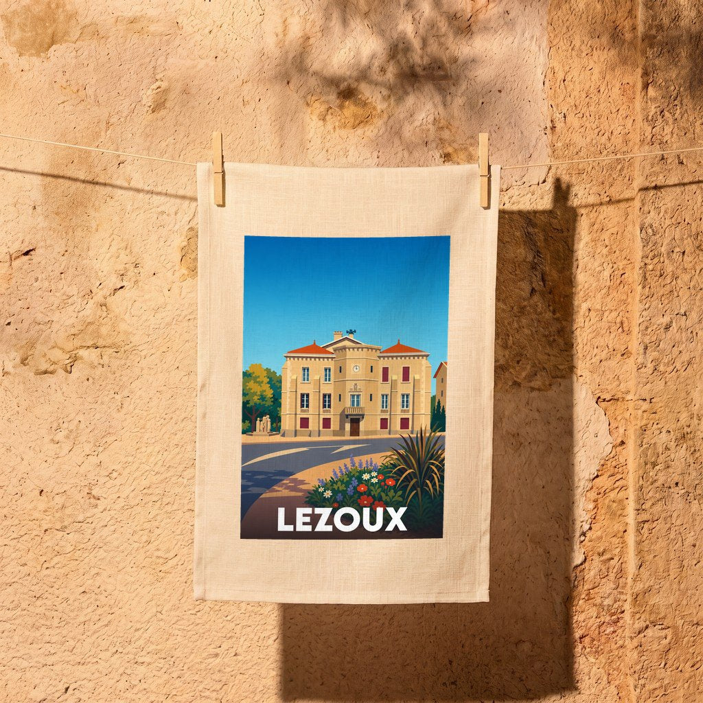 Torchon souvenir de la ville de Lezoux avec une illustration stylisée.