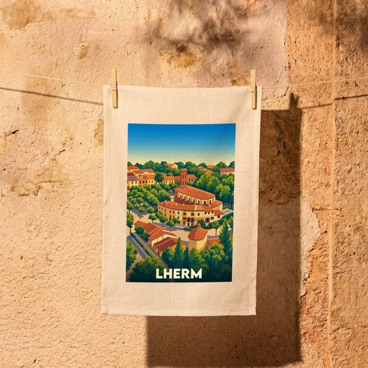 Torchon souvenir de la ville de Lherm avec une illustration stylisée.