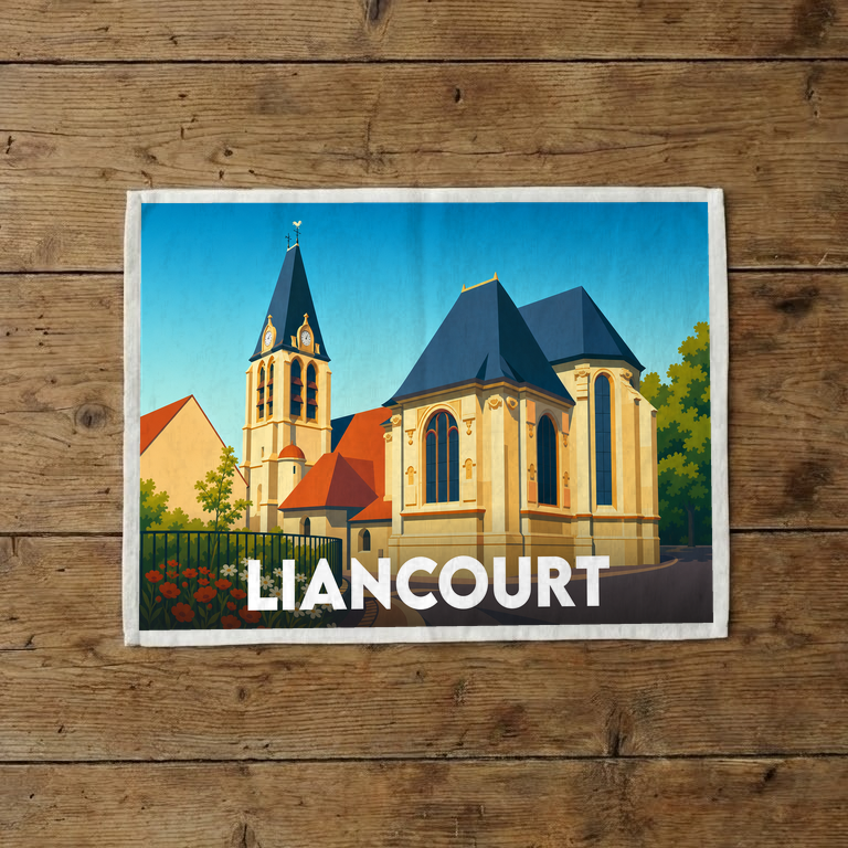 Torchon souvenir de la ville de Liancourt avec une illustration stylisée de son église.