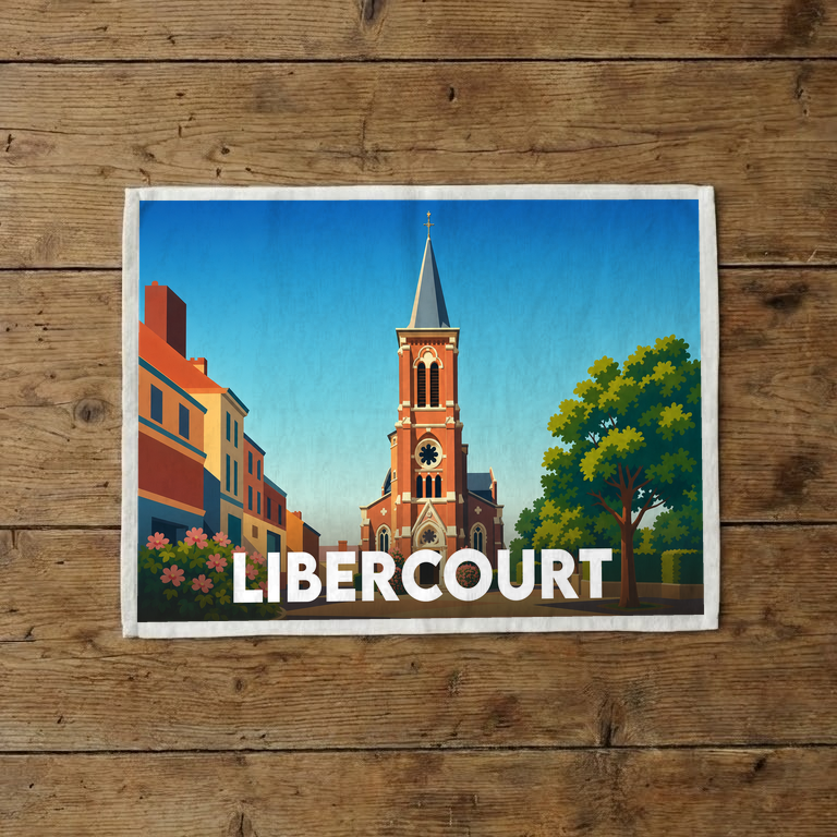 Torchon souvenir de la ville de Libercourt avec une illustration stylisée d'une église et de maisons colorées.