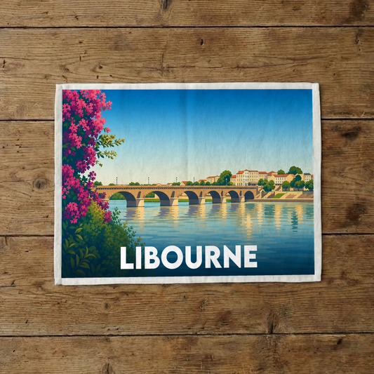 Torchon souvenir de la ville de Libourne avec une illustration stylisée d'un pont de pierre.