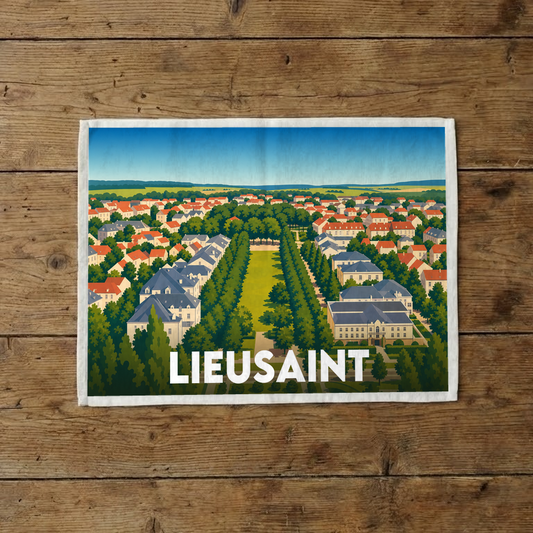Torchon souvenir de la ville de Lieusaint avec une illustration aérienne stylisée.