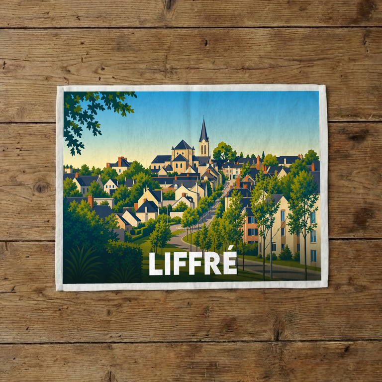 Torchon souvenir de la ville de Liffré avec une illustration stylisée et colorée de son paysage urbain.