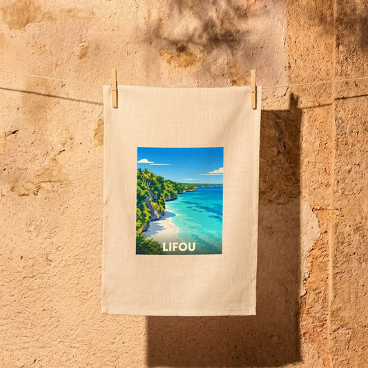 Torchon souvenir de Lifou orné d'une illustration stylisée de sa côte paradisiaque.