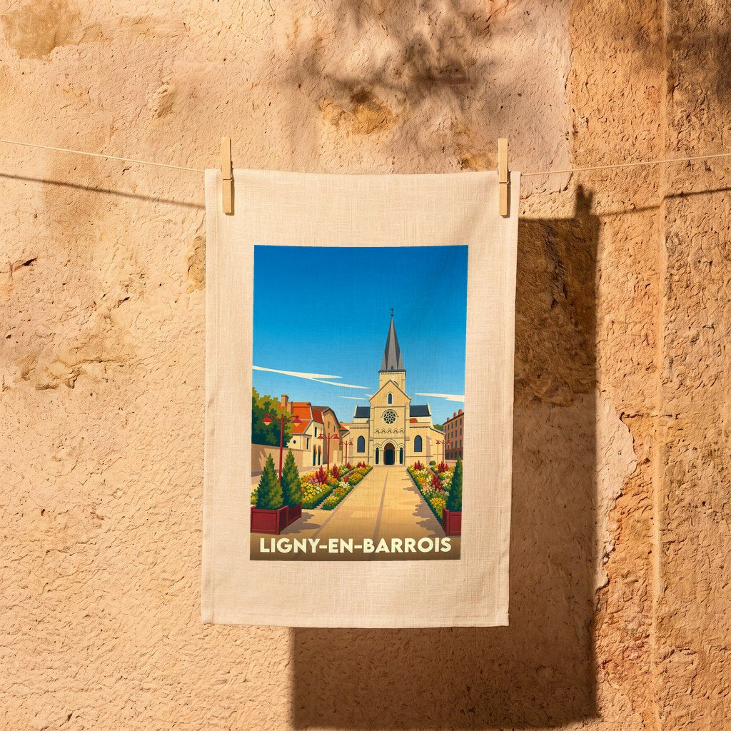 Torchon souvenir de la ville de Ligny-en-Barrois avec une illustration stylisée de son église et de ses jardins.