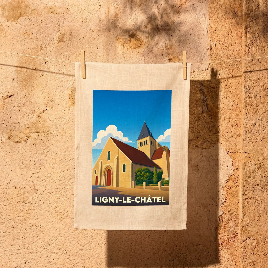 Torchon souvenir de la ville de Ligny-le-Châtel avec une illustration stylisée de son église.