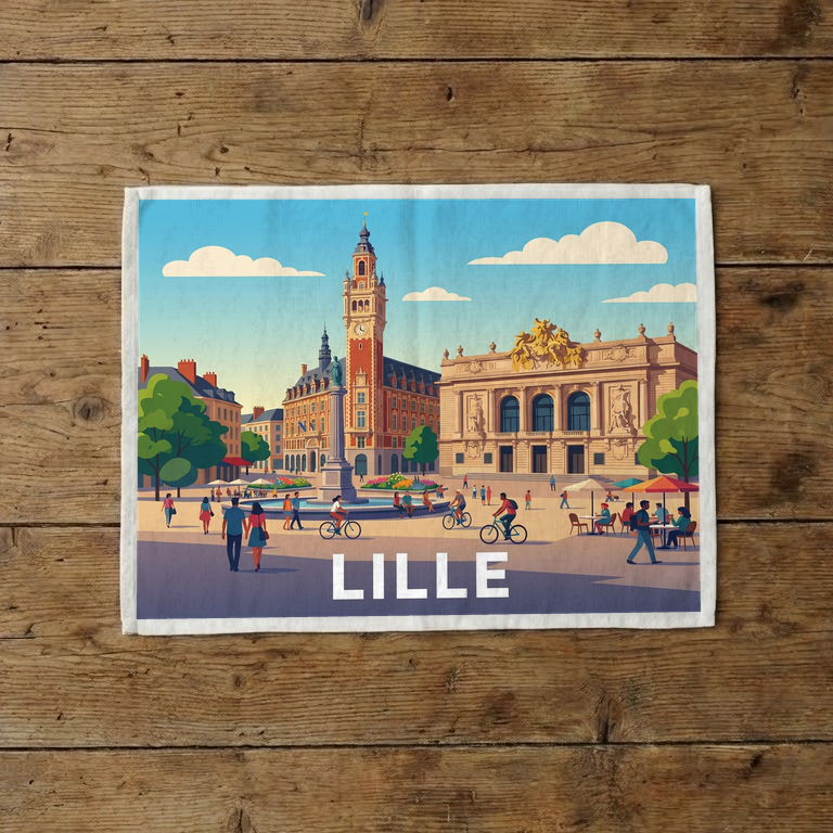 Torchon souvenir de la ville de Lille avec une illustration stylisée de ses monuments emblématiques.
