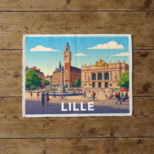 Torchon souvenir de la ville de Lille avec une illustration stylisée de ses monuments emblématiques.