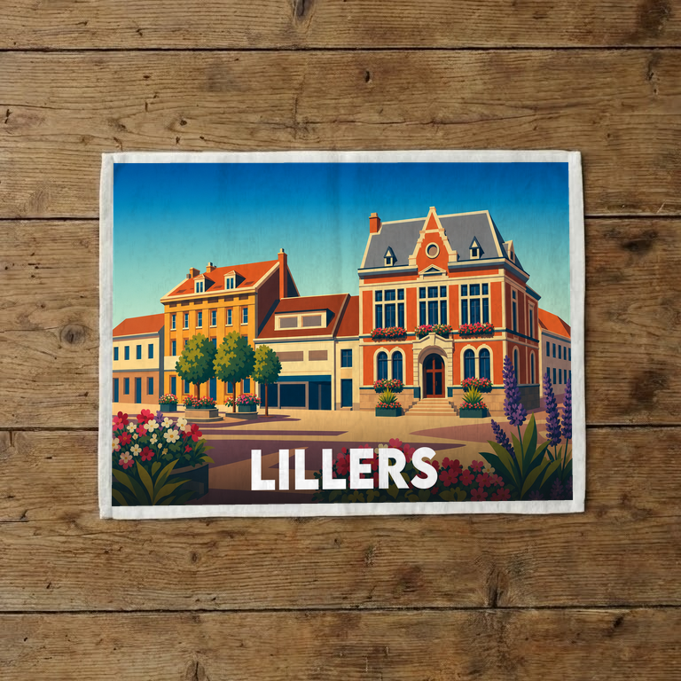 Torchon souvenir de la ville de Lillers avec une illustration stylisée de ses façades colorées.