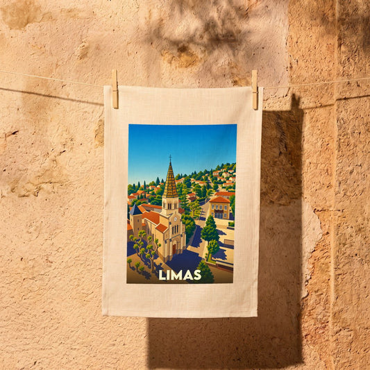 Torchon souvenir de la ville de Limas orné d'une illustration stylisée de son église et de ses paysages.