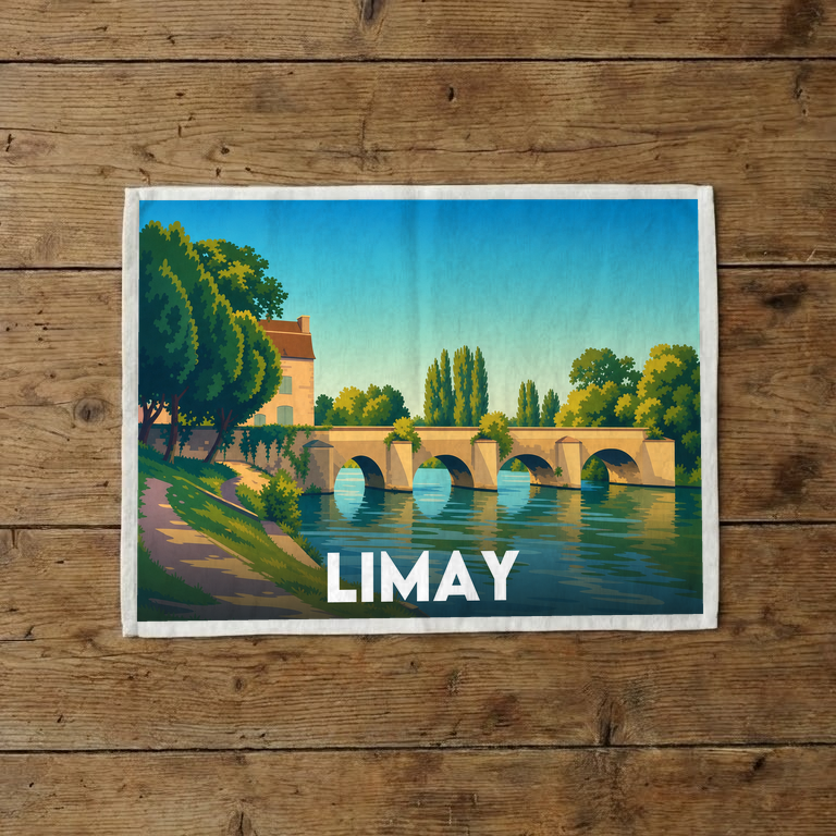 Torchon souvenir de la ville de Limay avec une illustration stylisée de son pont historique.