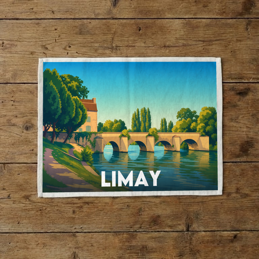 Torchon souvenir de la ville de Limay avec une illustration stylisée de son pont historique.