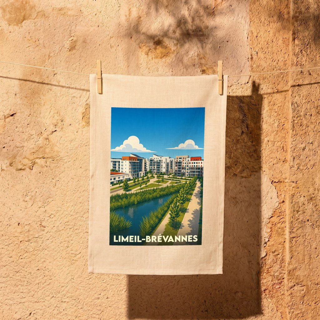 Torchon souvenir de la ville de Limeil-Brévannes avec une illustration stylisée d'un paysage urbain et verdoyant.