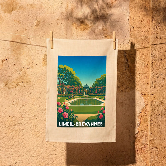Torchon souvenir de la ville de Limeil-Brévannes avec une illustration stylisée d'un jardin fleuri.