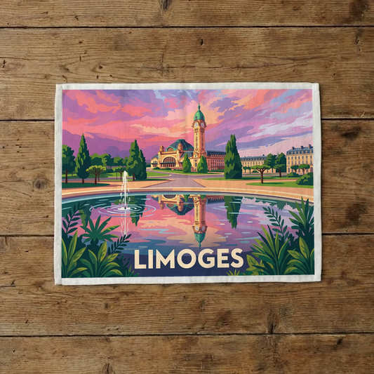 Torchon souvenir de la ville de Limoges avec une illustration stylisée de sa célèbre gare.