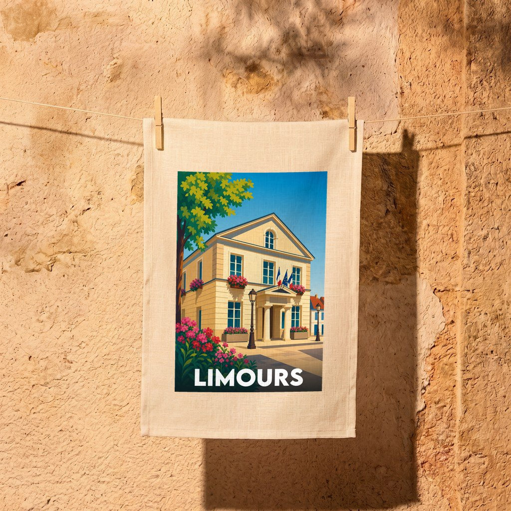 Torchon souvenir de la ville de Limours illustré d'un dessin stylisé de son hôtel de ville.