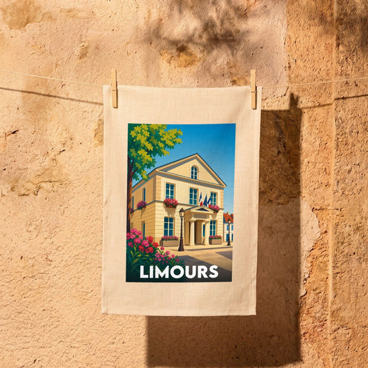 Torchon souvenir de la ville de Limours illustré d'un dessin stylisé de son hôtel de ville.