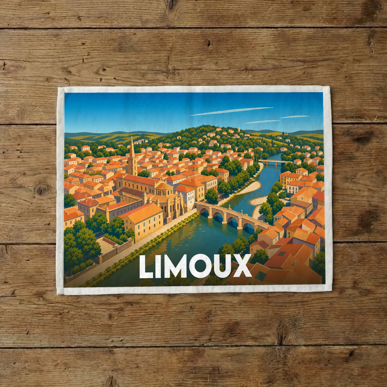Torchon souvenir de la ville de Limoux avec une illustration stylisée représentant ses toits colorés, son église et son pont sur l'Aude.