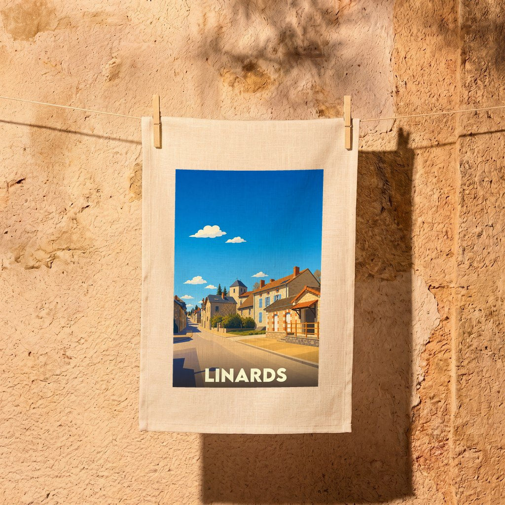 Torchon souvenir de la ville de Linards orné d'une illustration stylisée d'un village ensoleillé.