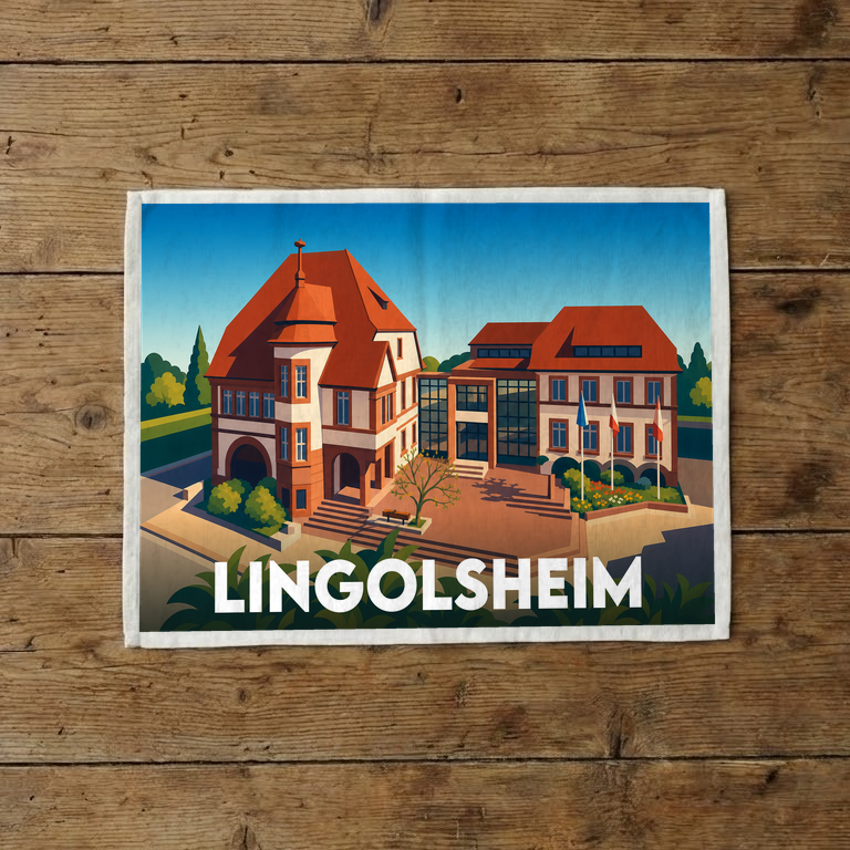 Torchon souvenir de la ville de Lingolsheim avec une illustration stylisée de son hôtel de ville.