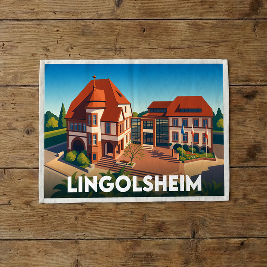 Torchon souvenir de la ville de Lingolsheim avec une illustration stylisée de son hôtel de ville.