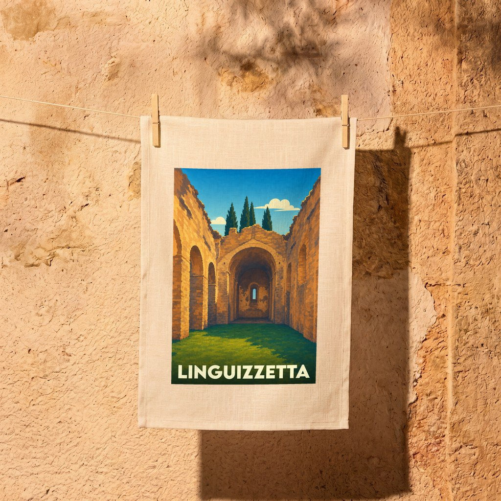 Torchon souvenir de la ville de Linguizzetta avec une illustration stylisée d'anciennes ruines en pierre.