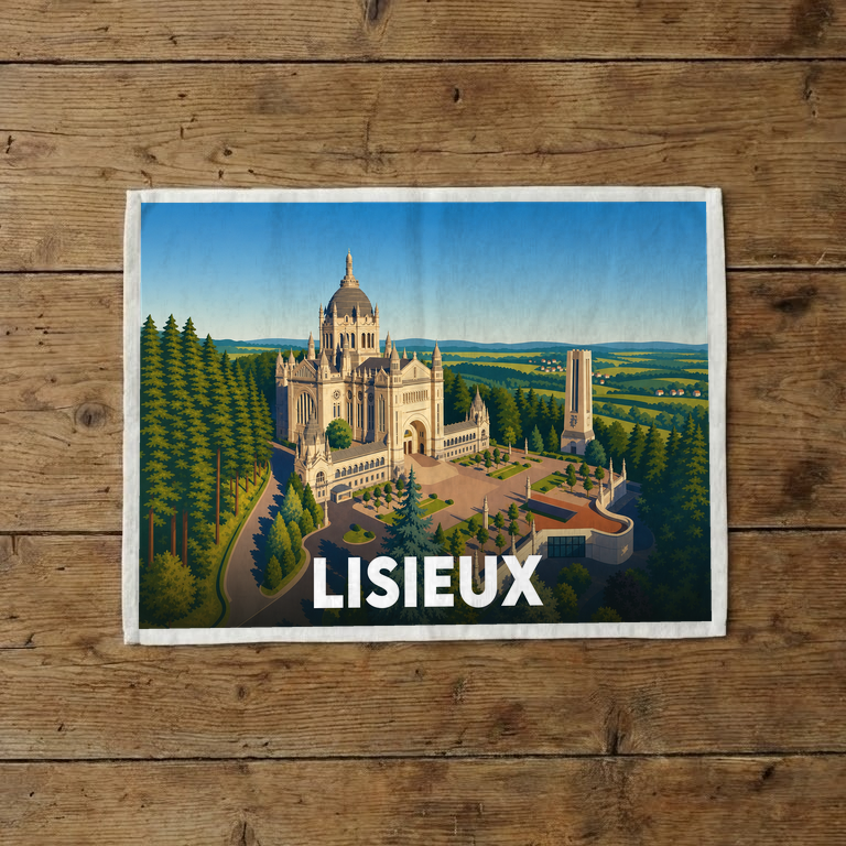 Torchon souvenir de la ville de Lisieux avec une illustration stylisée de sa basilique.