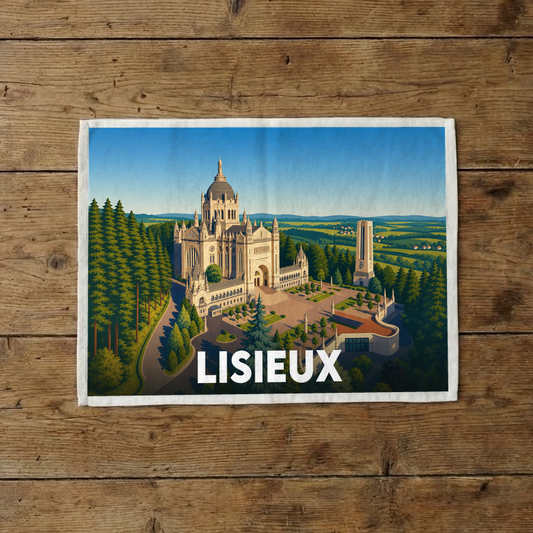 Torchon souvenir de la ville de Lisieux avec une illustration stylisée de sa basilique.