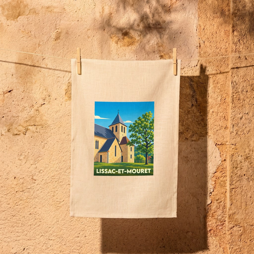 Torchon souvenir de la ville de Lissac-et-Mouret avec une illustration stylisée de son église.