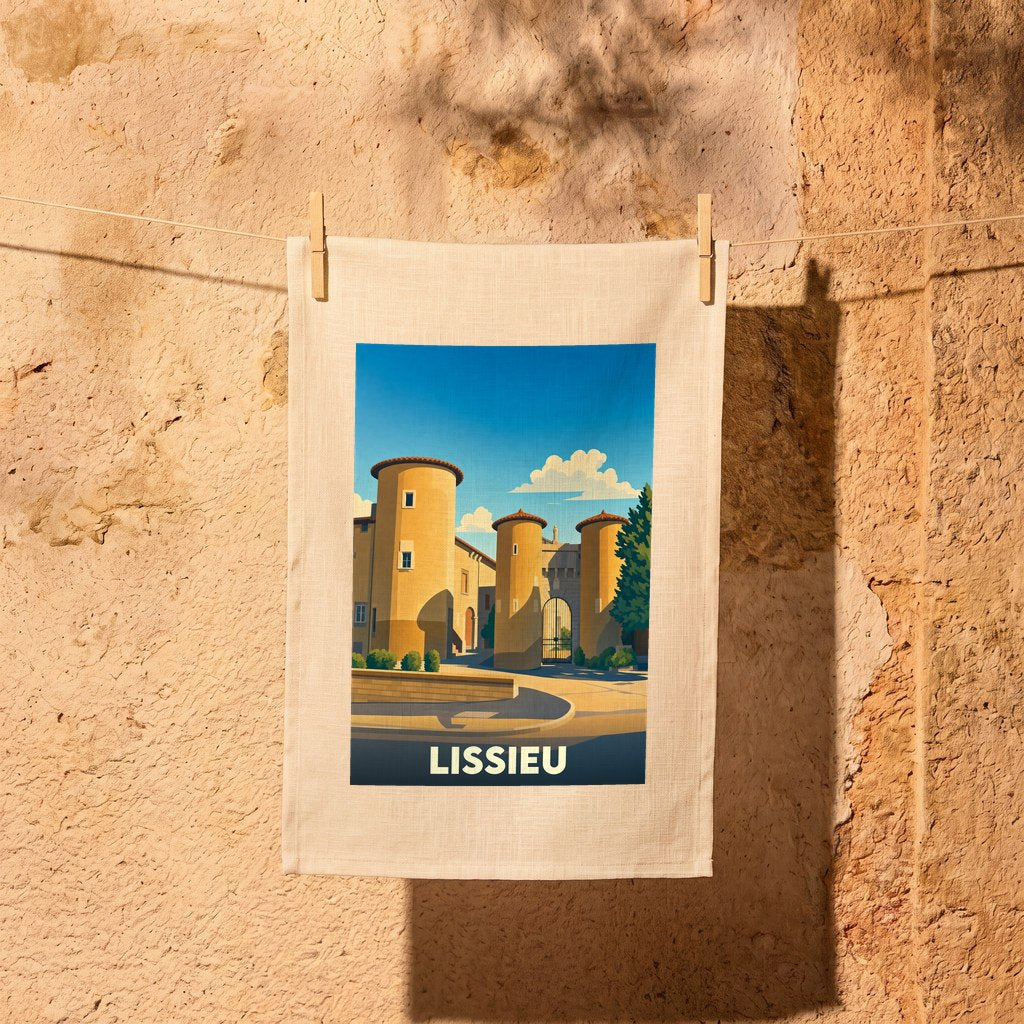 Torchon souvenir de la ville de Lissieu illustré d'un dessin stylisé de ses tours médiévales.