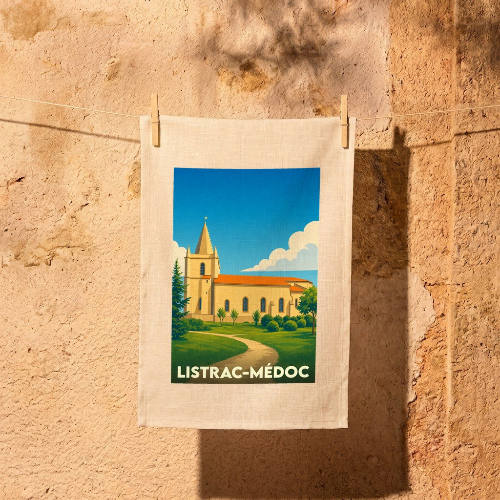 Torchon souvenir de Listrac-Médoc avec une illustration stylisée d'une église sous un ciel bleu.