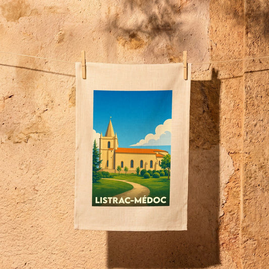 Torchon souvenir de Listrac-Médoc avec une illustration stylisée d'une église sous un ciel bleu.