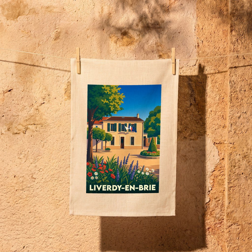 Torchon souvenir de la ville de Liverdy-en-Brie avec une illustration stylisée.
