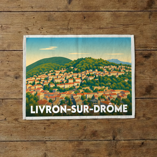 Torchon souvenir de la ville de Livron-sur-Drôme avec une illustration stylisée.