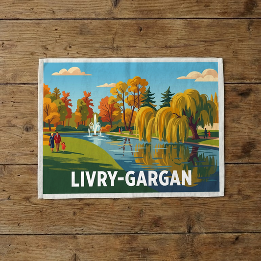 Torchon souvenir de la ville de Livry-Gargan avec une illustration de parc stylisée.