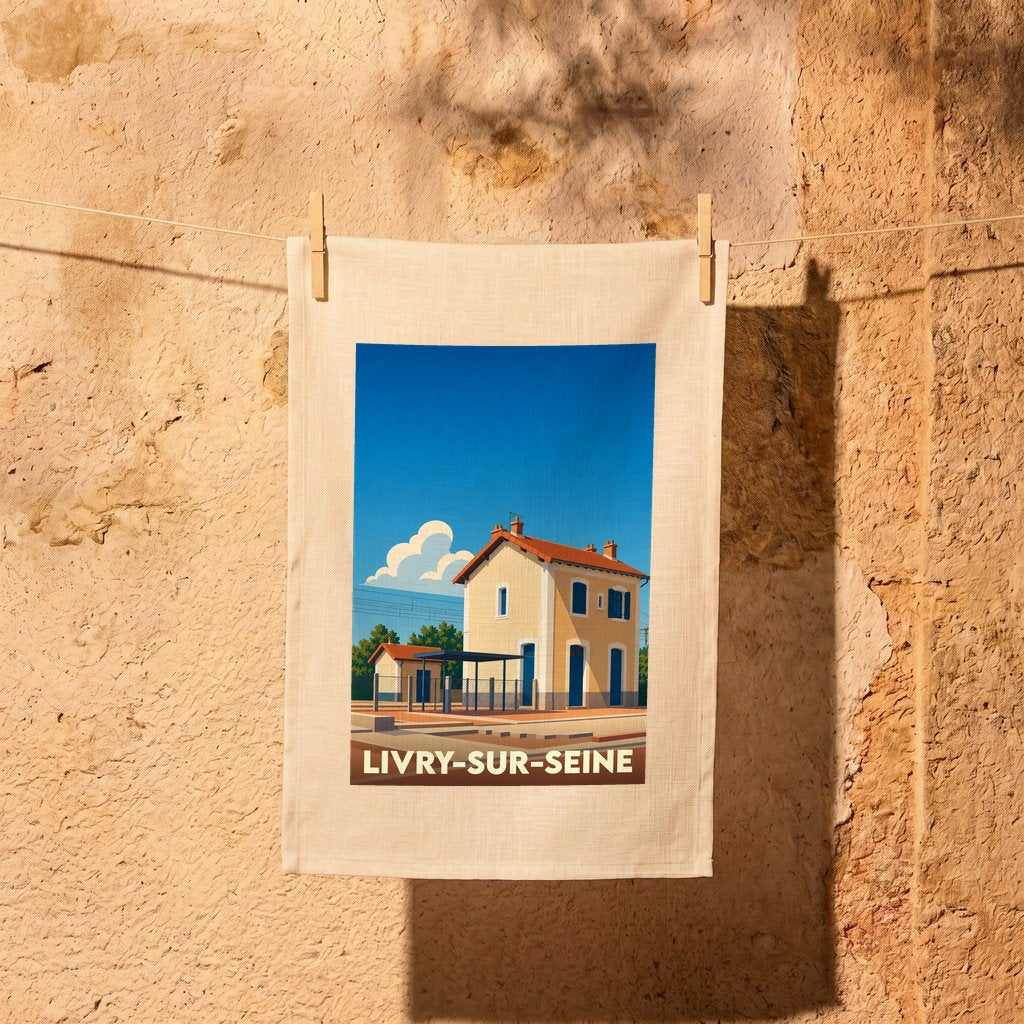 Torchon souvenir de la ville de Livry-sur-Seine avec une illustration stylisée de sa gare.