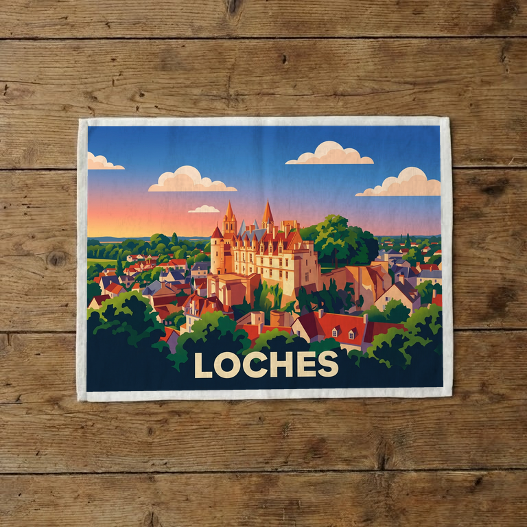 Torchon souvenir de la ville de Loches avec une illustration stylisée de sa cité royale.