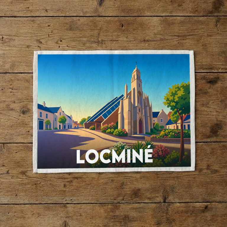 Torchon souvenir de la ville de Locminé avec une illustration stylisée de son centre-ville.